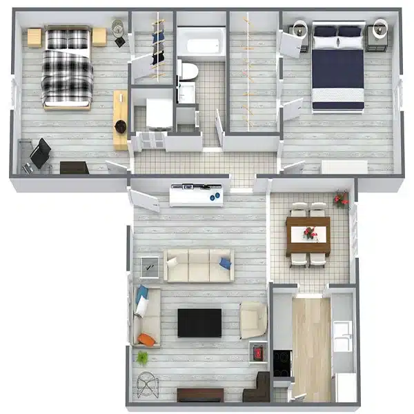 A 3D view of a apartment, highlighting its efficient design and warm, welcoming space.