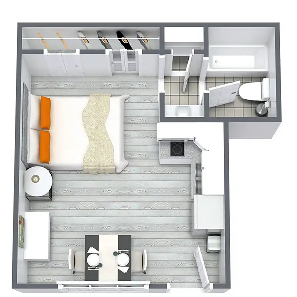 A 3D view of a small apartment, highlighting its efficient design and warm, welcoming space.