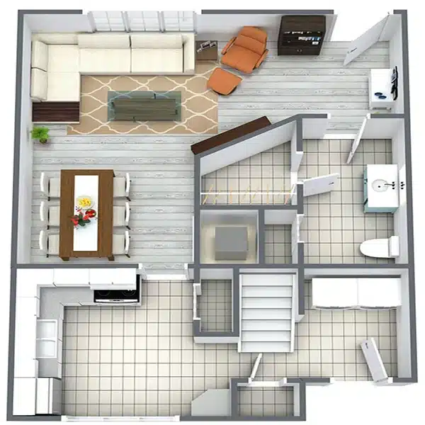 A 3D view of a apartment, highlighting its efficient design and warm, welcoming space.