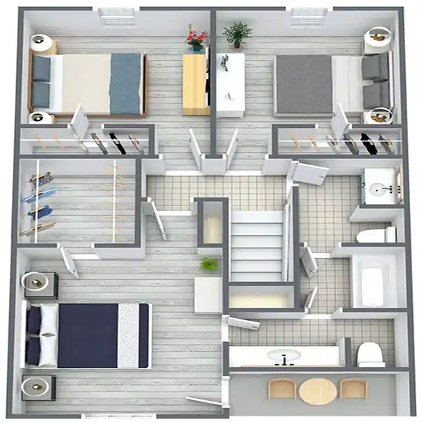 A 3D view of a apartment, highlighting its efficient design and warm, welcoming space.