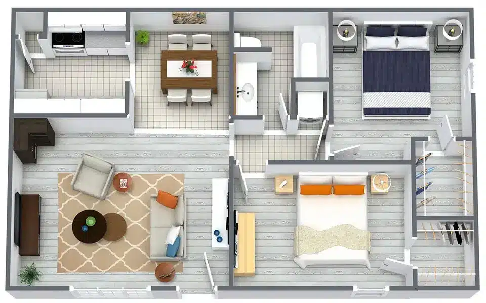 A 3D view of a apartment, highlighting its efficient design and warm, welcoming space.