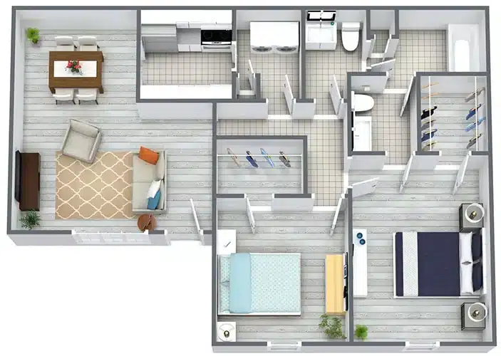 A 3D view of a apartment, highlighting its efficient design and warm, welcoming space.