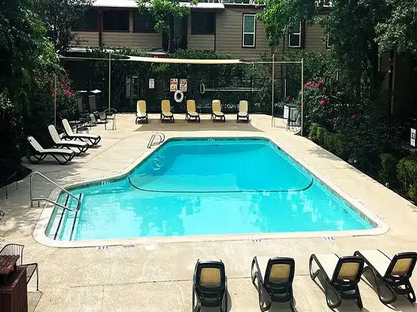 A serene backyard pool surrounded by lounge chairs and colorful umbrellas, perfect for relaxation and sunny days.